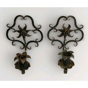 Vintage Wrought Iron Gothic Style 6" Candleholder Wall Sconce Set
